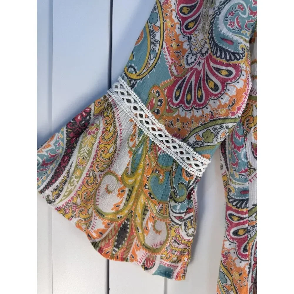 Spense Top Womens M Bell Sleeve Crochet Ruffle Paisley Boho Gypsy Peasant Indie - Picture 3 of 7
